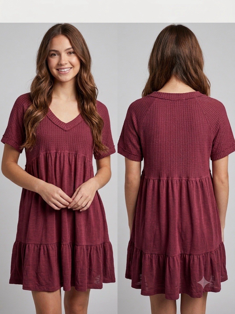 NWT coco + jaimeson Maroon Waffle Knit Tiered Babydoll Mini Dress – Size M