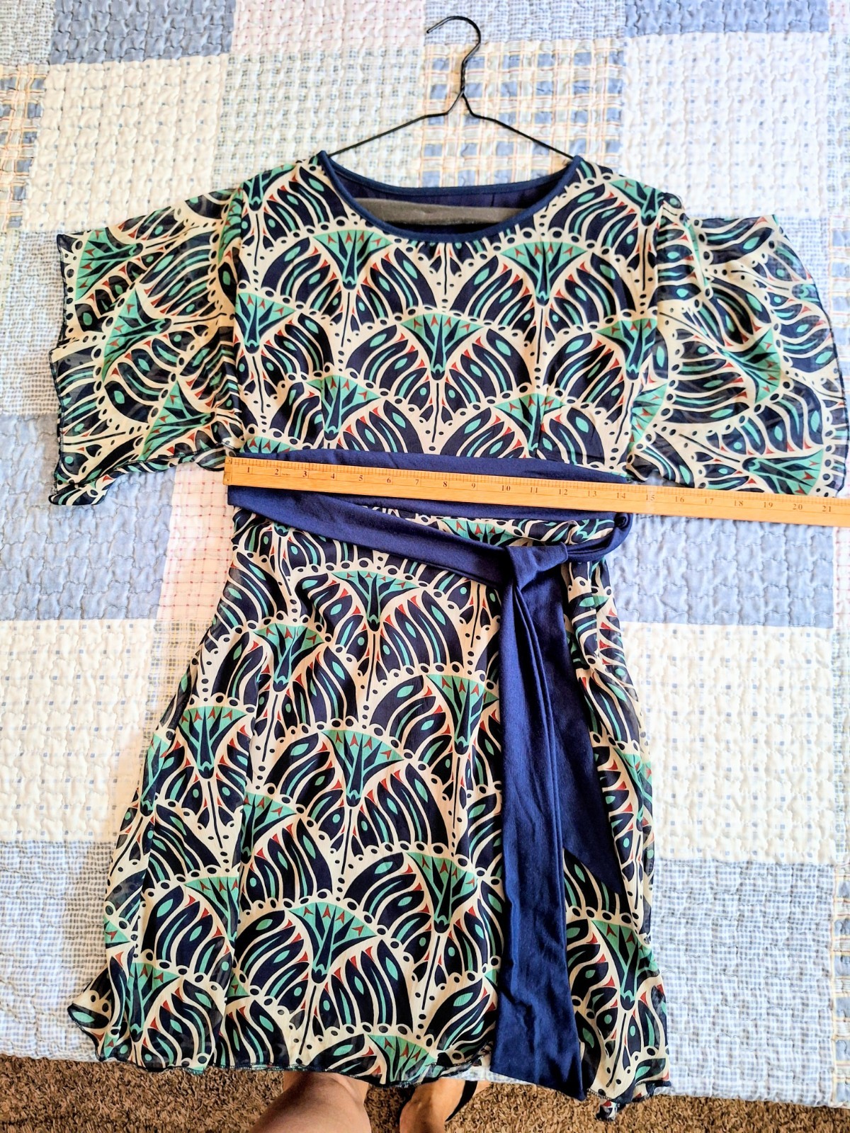 EUC Women’s Navy & Teal Printed Belted Dress