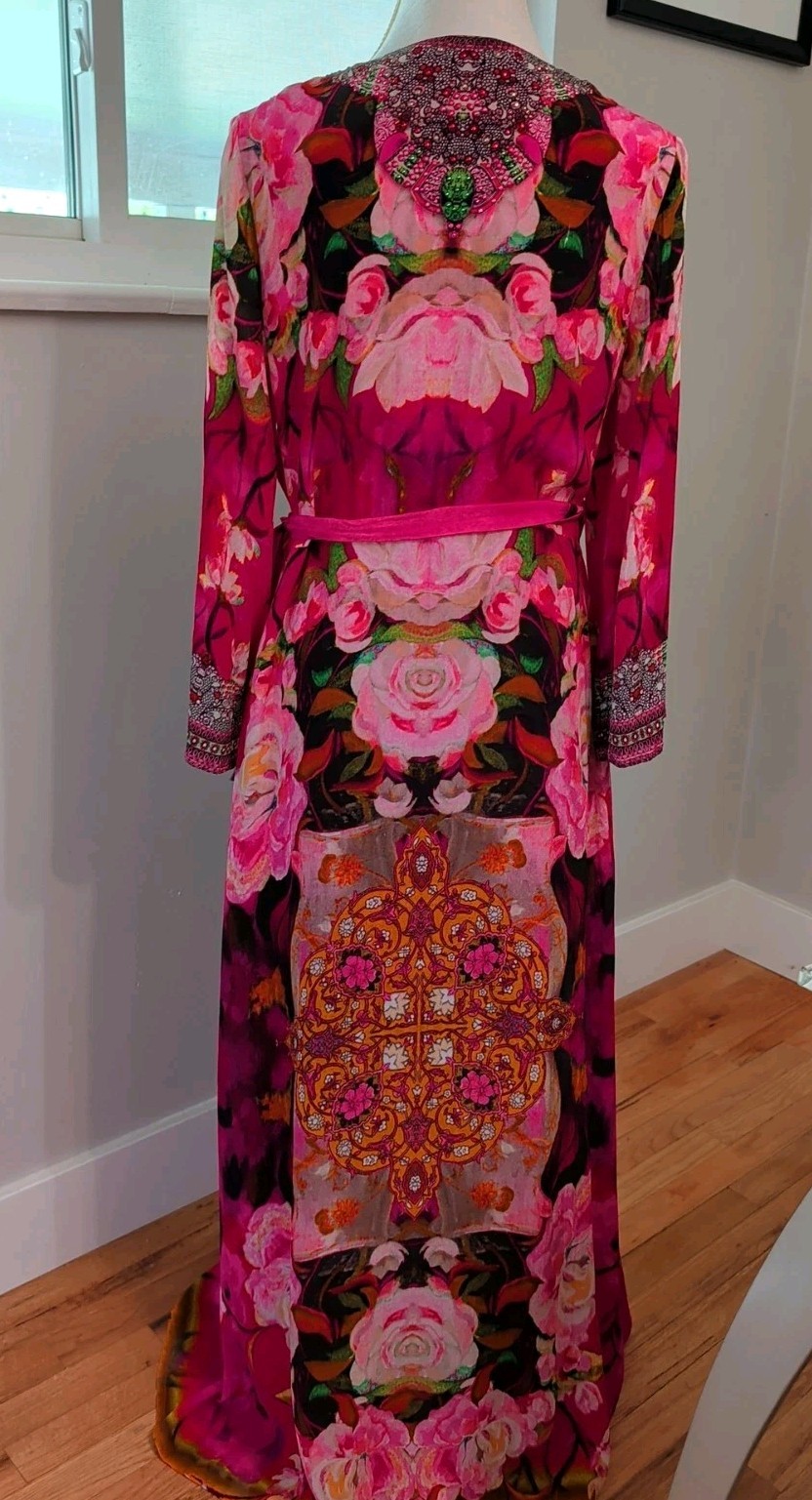 SHAHIDA PARIDES Rhinestone Beaded Wrap Maxi Dress Silk Sz M/L Floral Print Pink