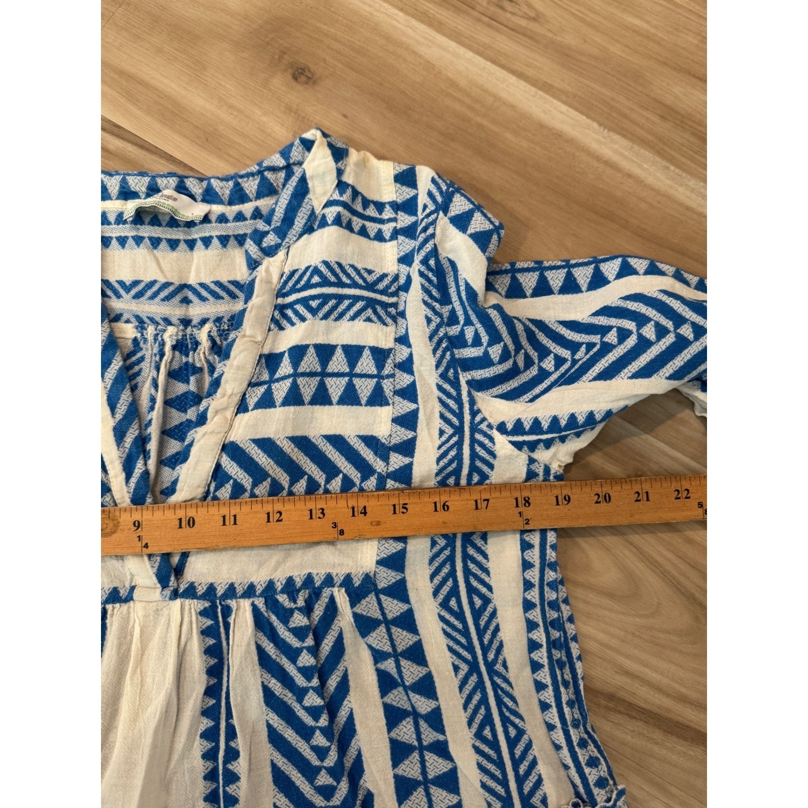 Devotion Twins Ella Blue White Geometric Cotton Tiered Mini Dress Boho Small d1