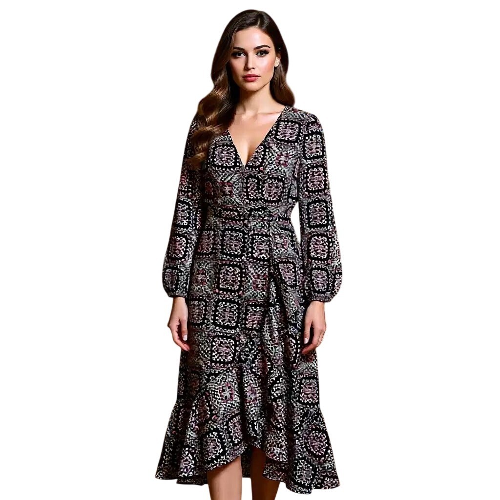Maison Tara Women Pink Geometric Tile Print Faux Wrap Midi Dress Size 4 NWT NWT