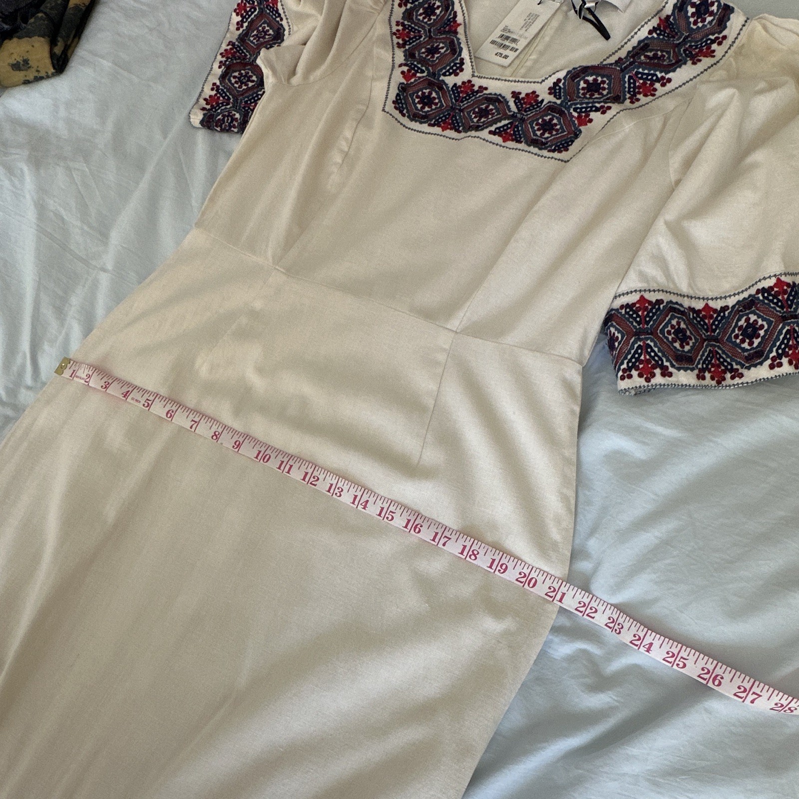 Sea New York Ivory Embroidered Geometric Square Neck 3/4 Sleeve Midi 10