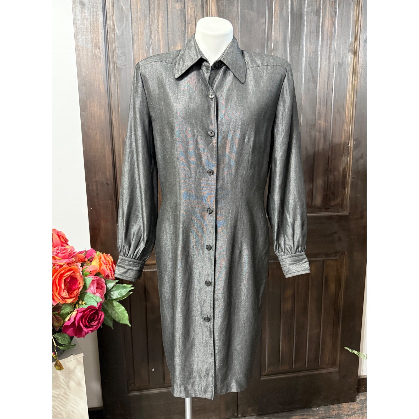 Vintage Linda Allard Ellen Tracy Grey Linen Blend Button Front Shirt Dress 8