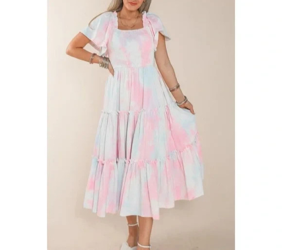 IVY CITY CO. $90 tie Dye Tiered Midi Smocked Cotton Candy Dress Size Small