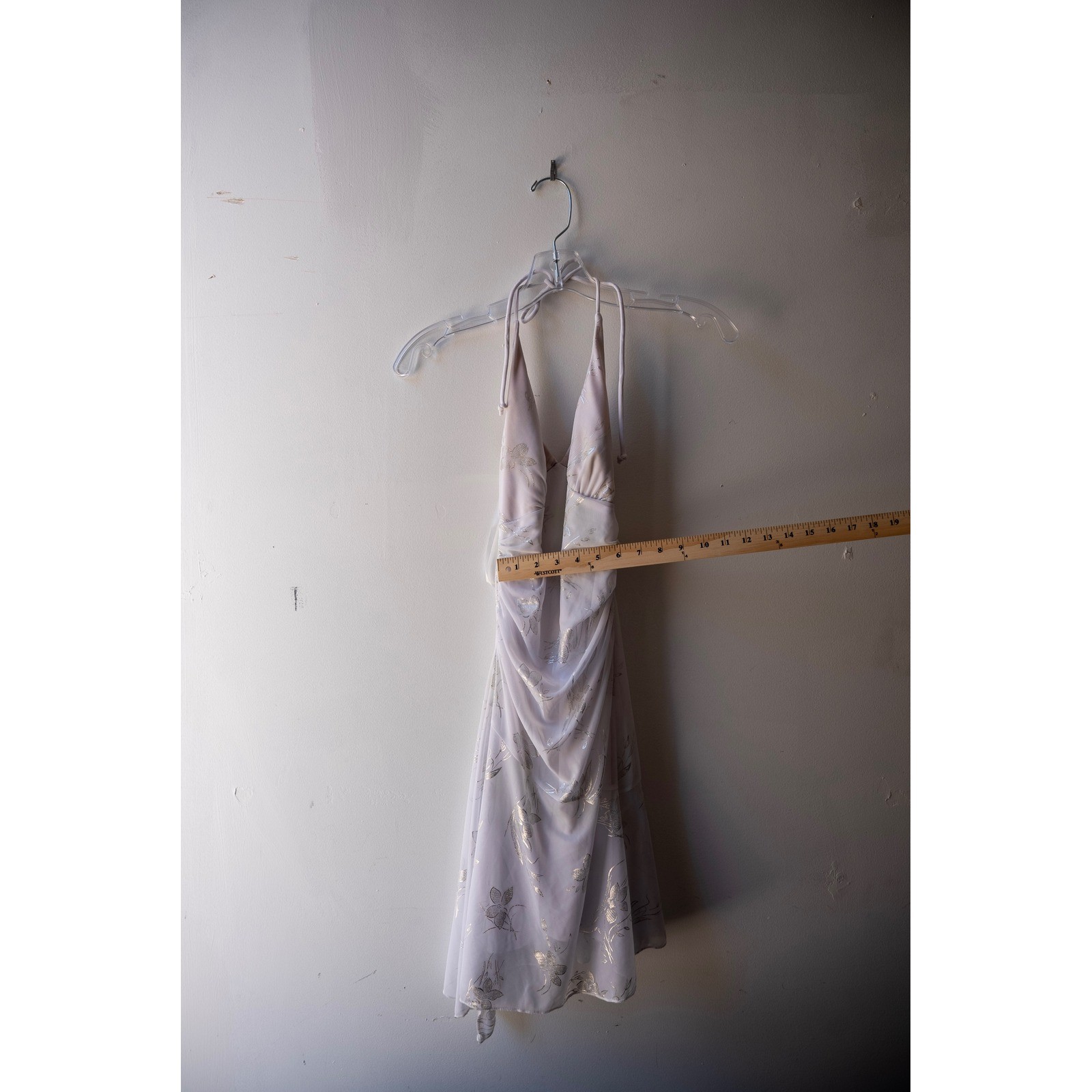 White Silver Floral Metallic Halter Mini Dress Ruched Deep V-Neck Open Back