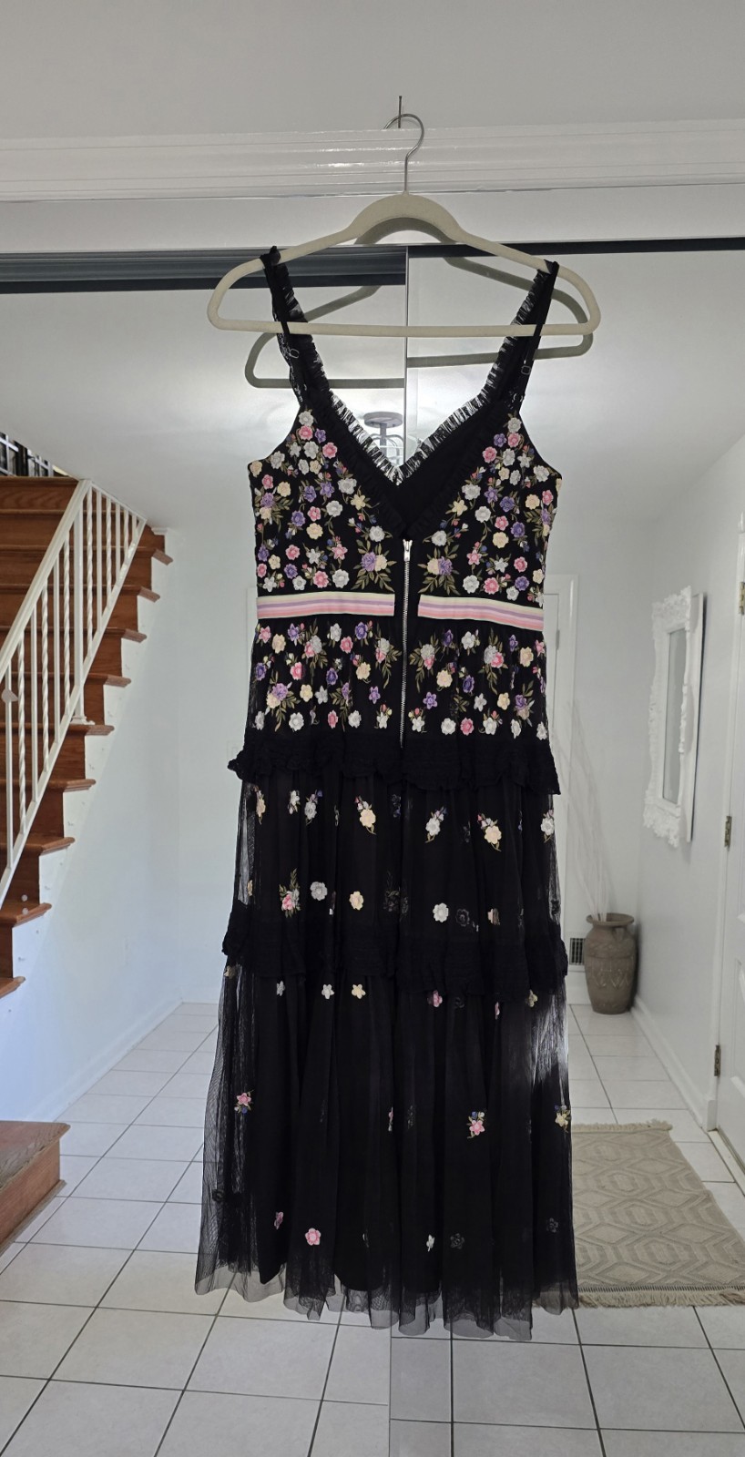 Needle & Thread Black Floral Embroidered Tulle V-Neck Midi Dress US 6