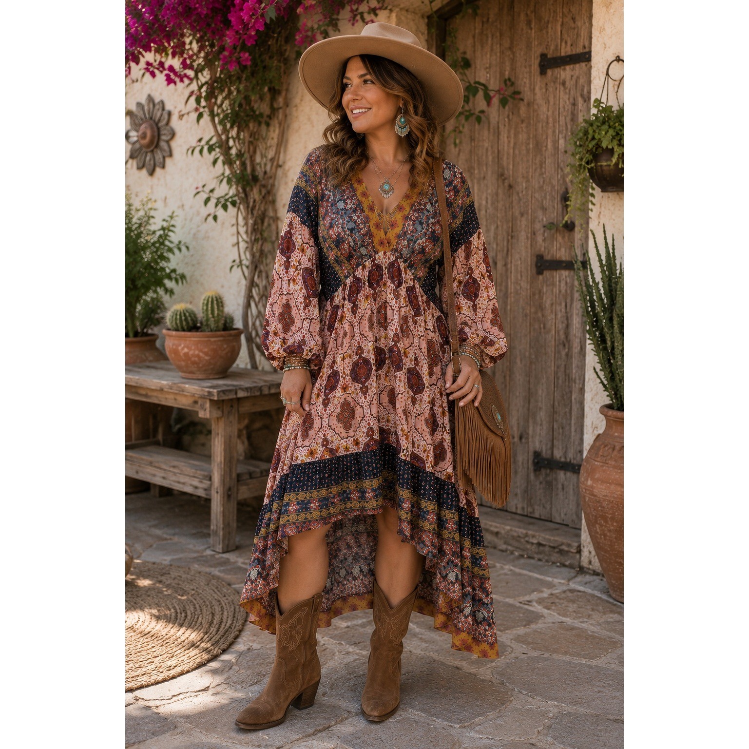 Boho Western Babydoll Umgee Patchwork Pink Multi Balloon Sleeve L Midi Dress