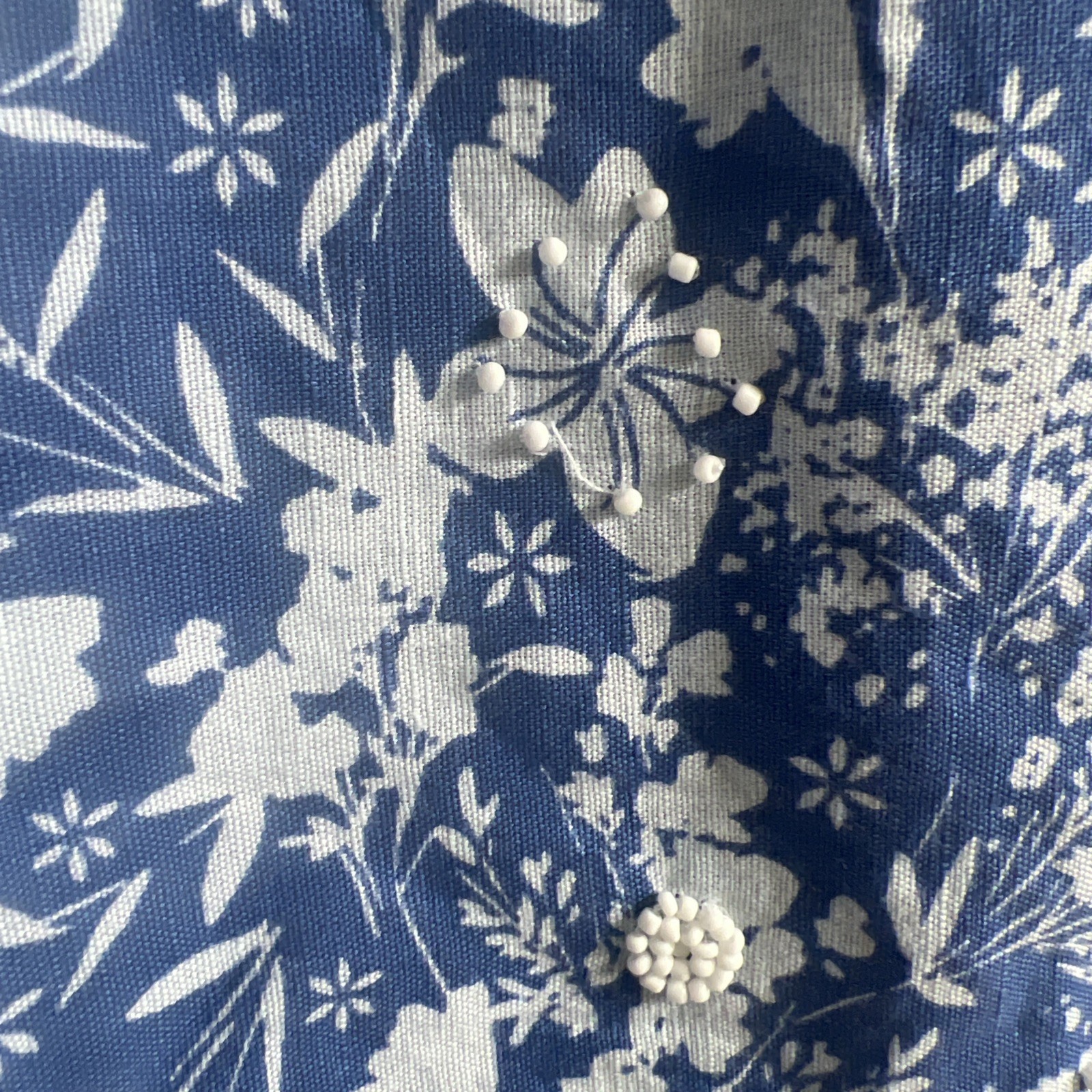 Per Una Dress UK 8 Blue White Floral Beaded Linen Cotton Blend Pockets Summer