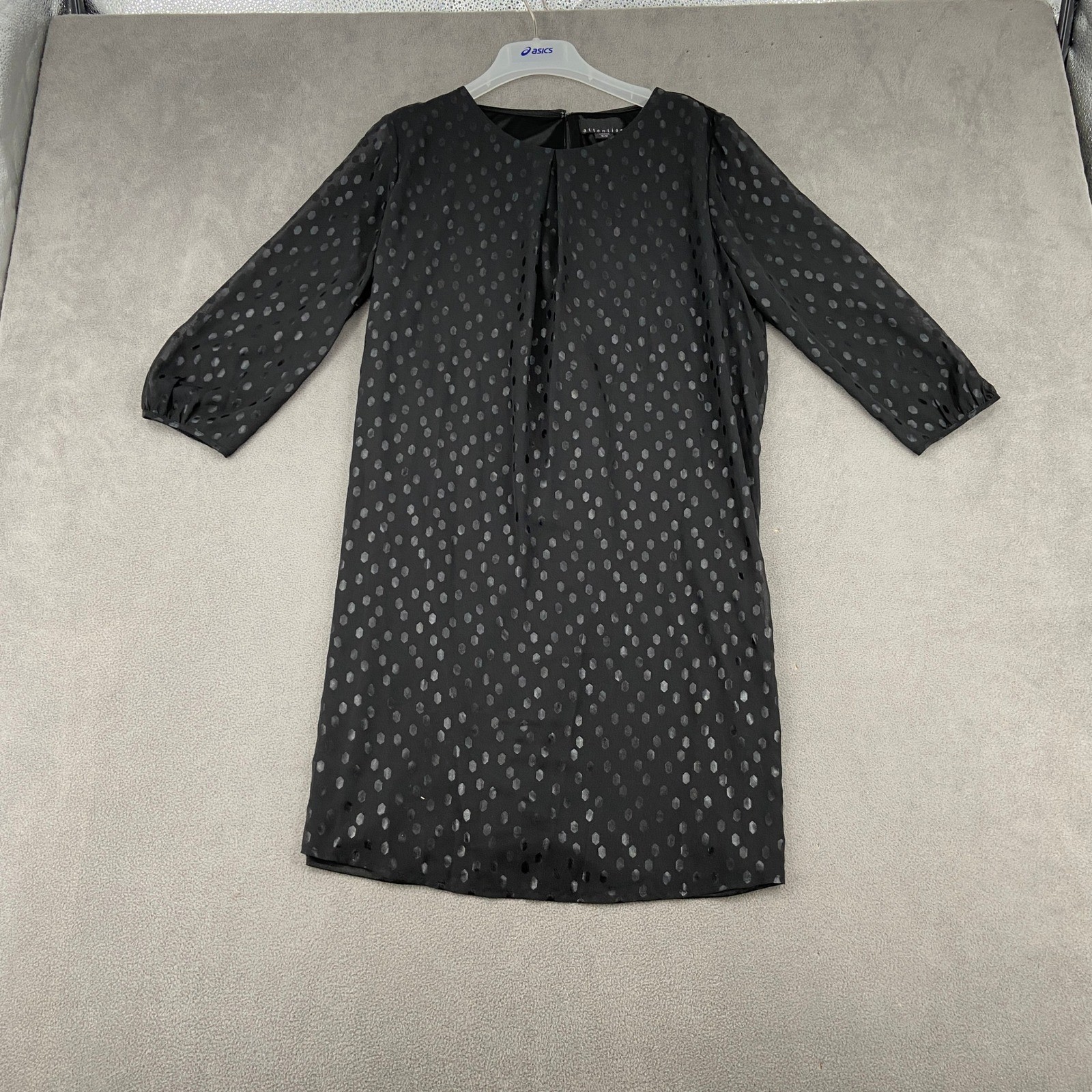 Attention Womens Black Polka Dot Shift Dress 3/4 Sleeve Pleated Front Sz Medium