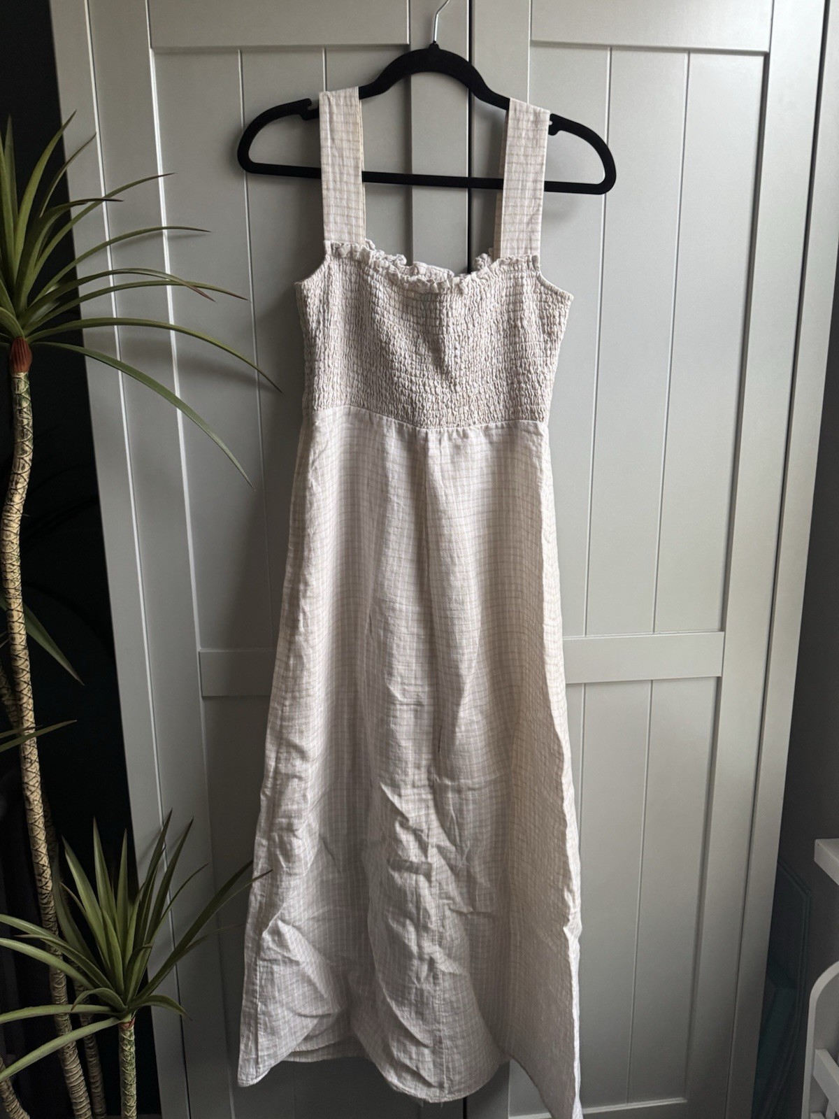 Whistles Beige Gingham Linen Midi Dress Size 8