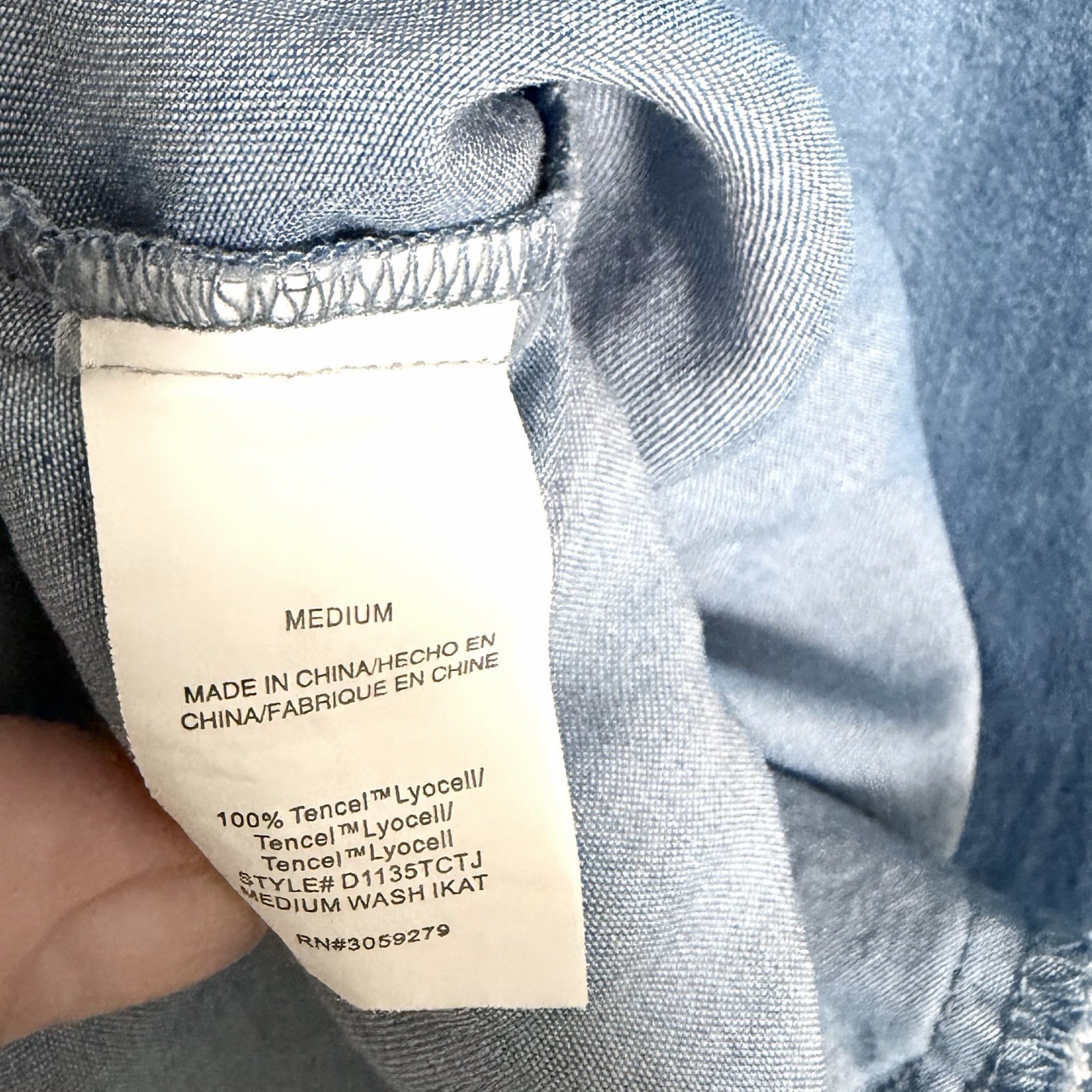 Thread & Supply Chambray Tencel Shirt Dress Size M Blue Ikat AOP Frayed Hem