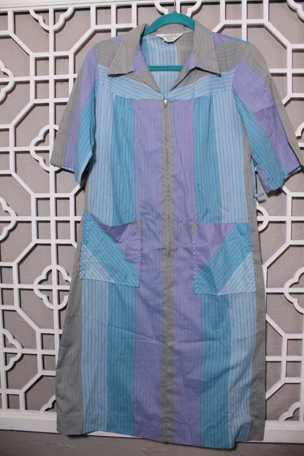 Vintage Sears Dress Womens 12 Zip & Dash USA Made Blue Purple Gray Perma-Smooth