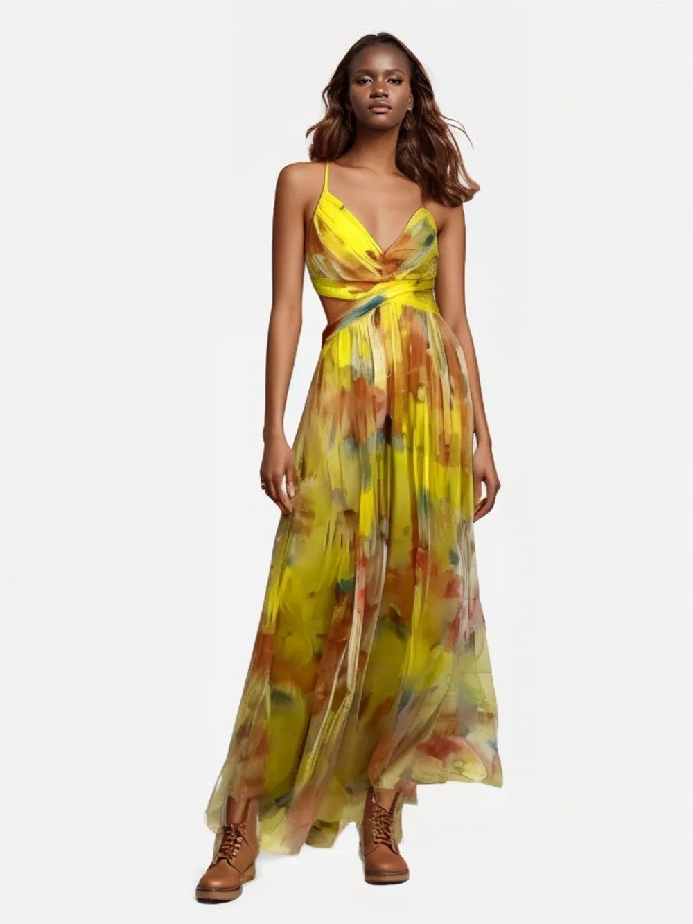 Watercolor Chiffon Maxi Dress Flowy Boho Evening Dress Prom Wedding Guest Dress/