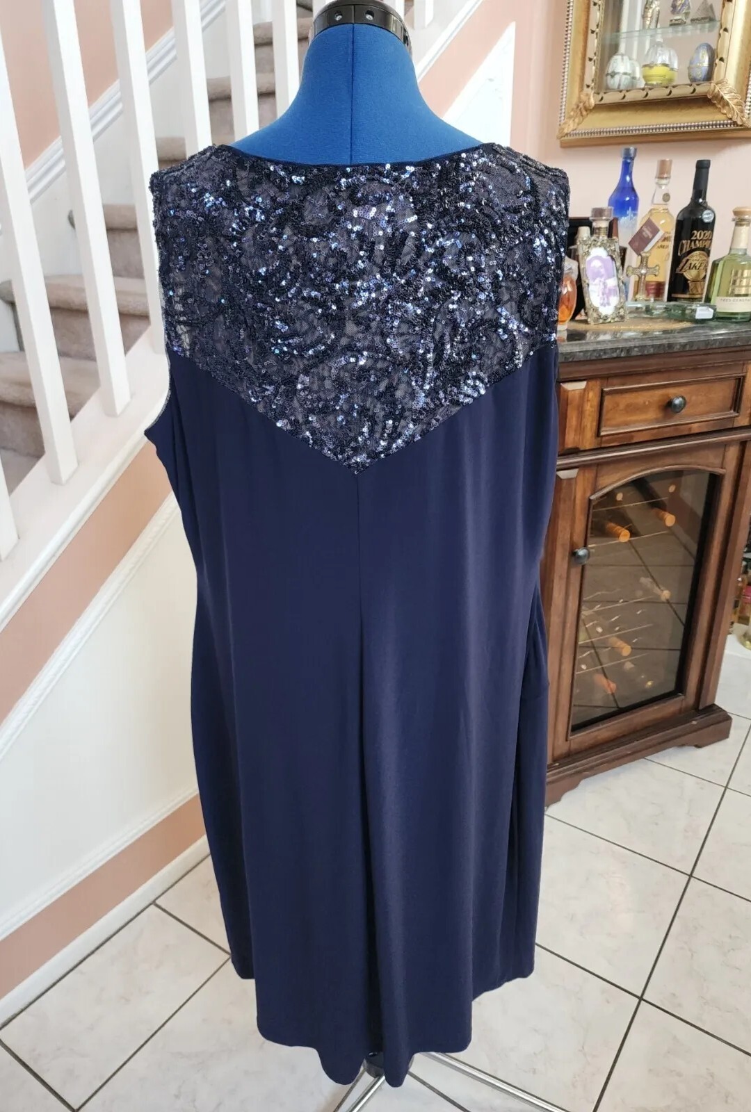 NWT RALPH LAUREN Blue Sequin Round Neck Side Gathered Sleeveless Dress 22W $165