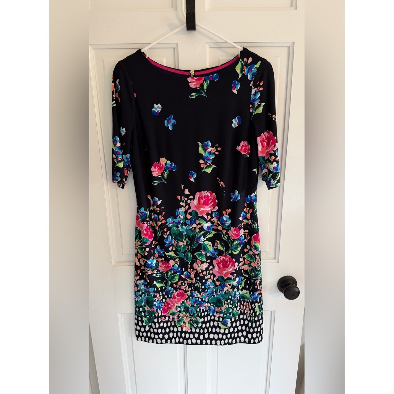 Eliza J Floral Sheath Dress Size 6 Black 3/4 Sleeve Lined Stretch