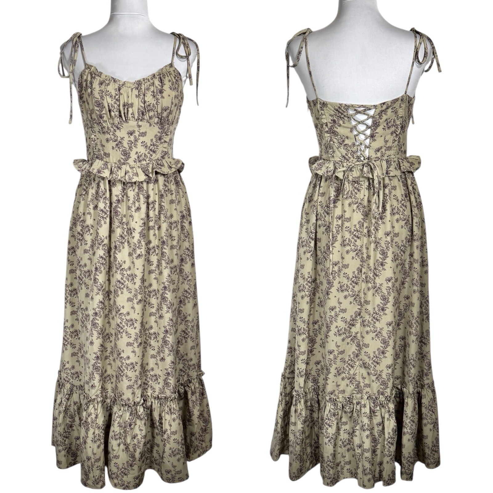 NWT Storia Boho Floral Tiered Maxi Dress Sz 6 M Lace Up Corset Cottage Milkmaid