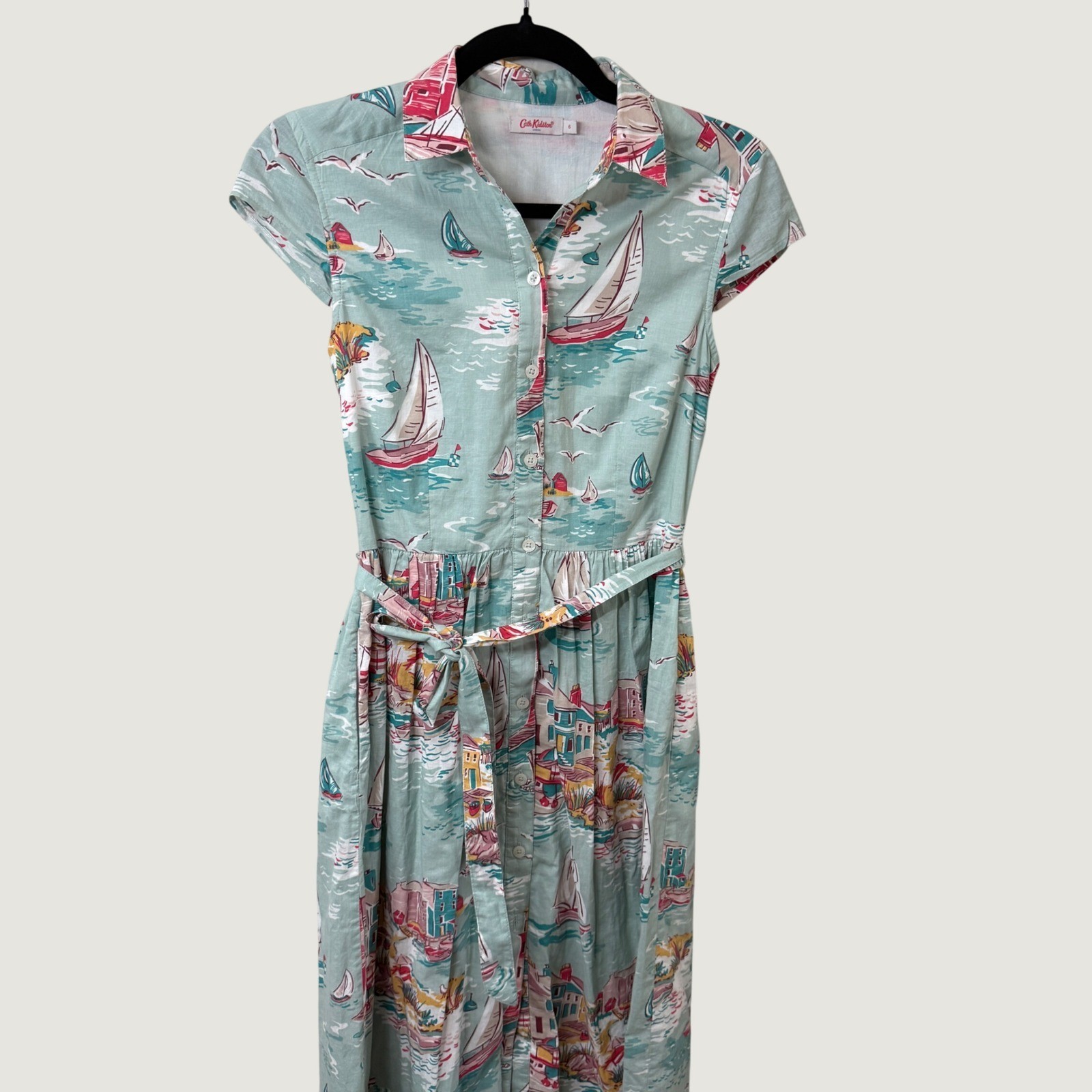 Cath Kidston London Nautical Seaside Sailboat Cotton Shirt Dress Blue Womens 6