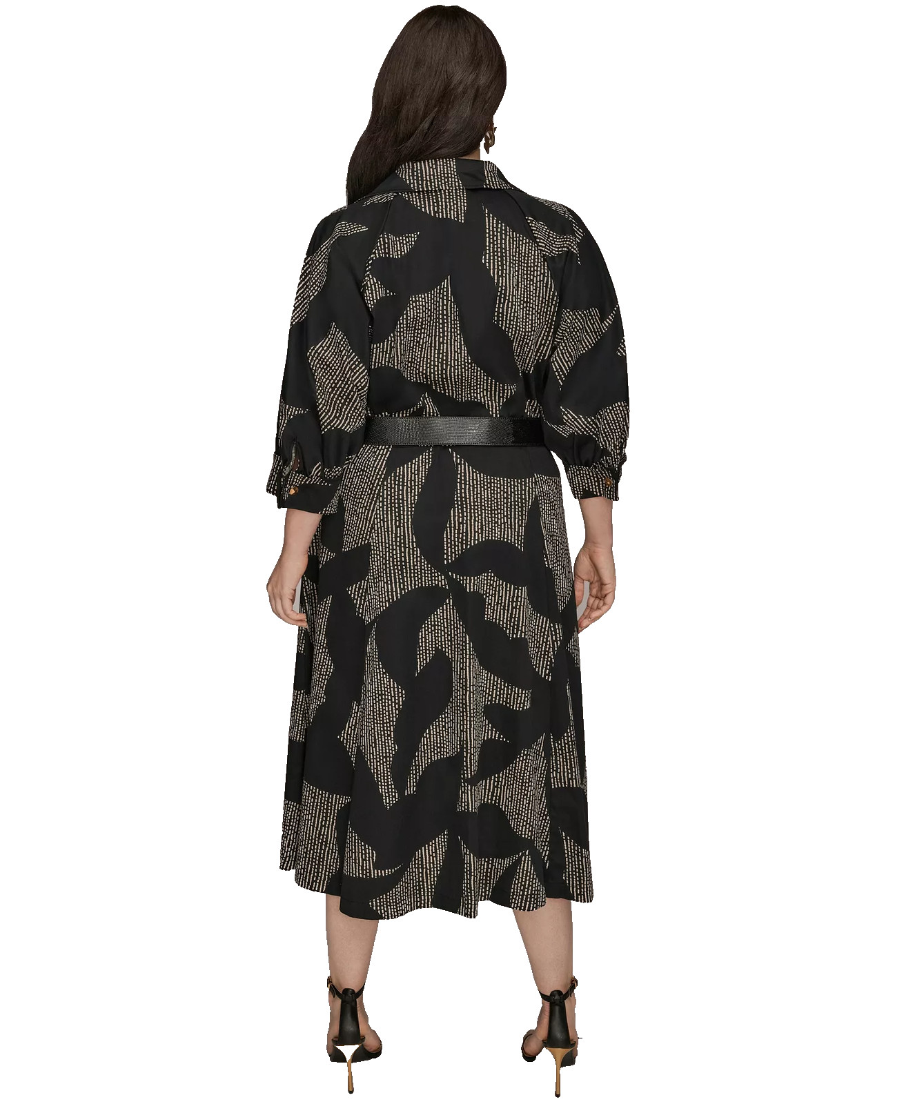 Donna Karan Plus Size Dress 16W Black Tan Belted Midi Button Front Shirtdress