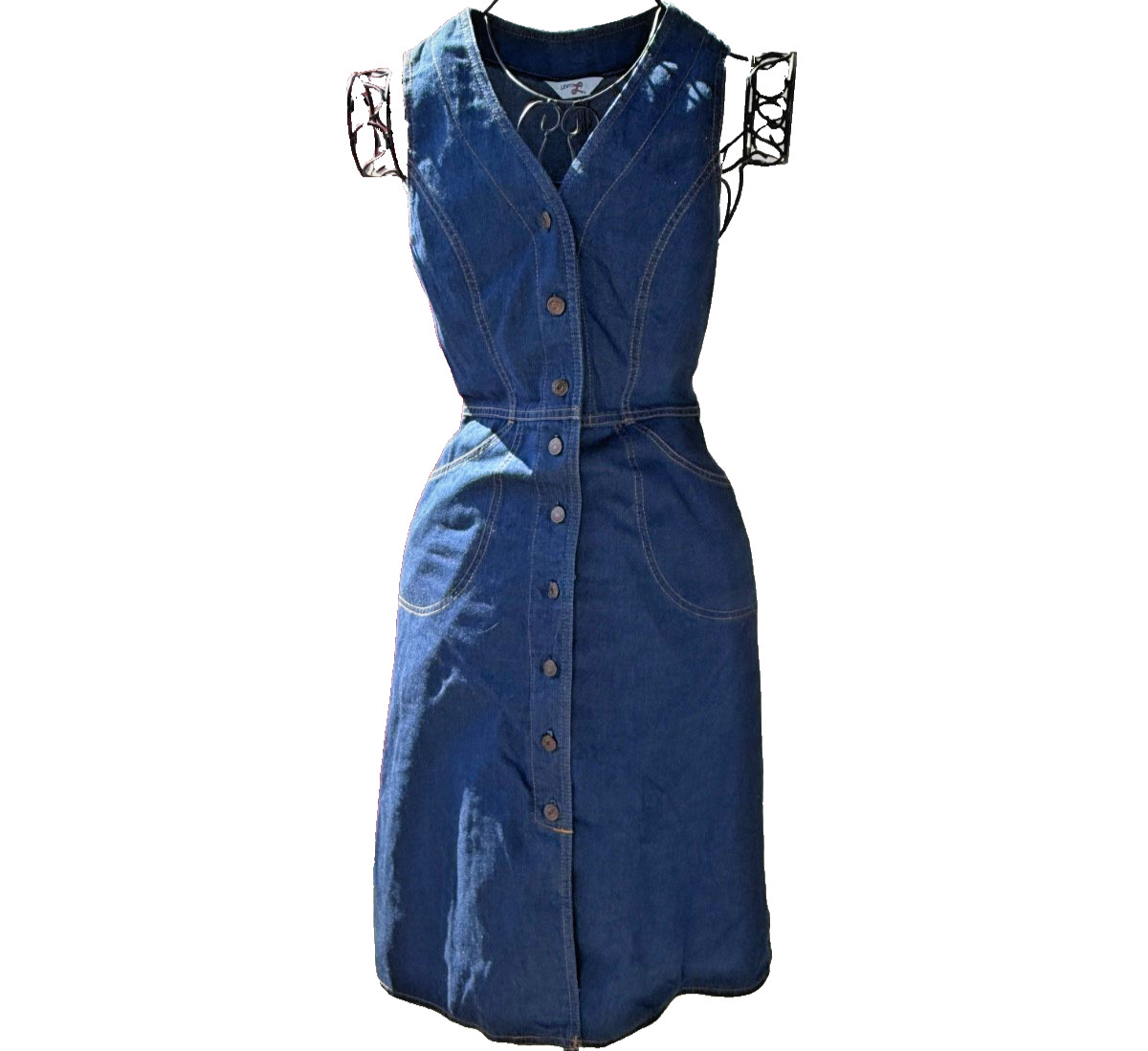 Vintage 70s Levis Denim Sundress Fitted Button Front Dress Brass Buckle In Back