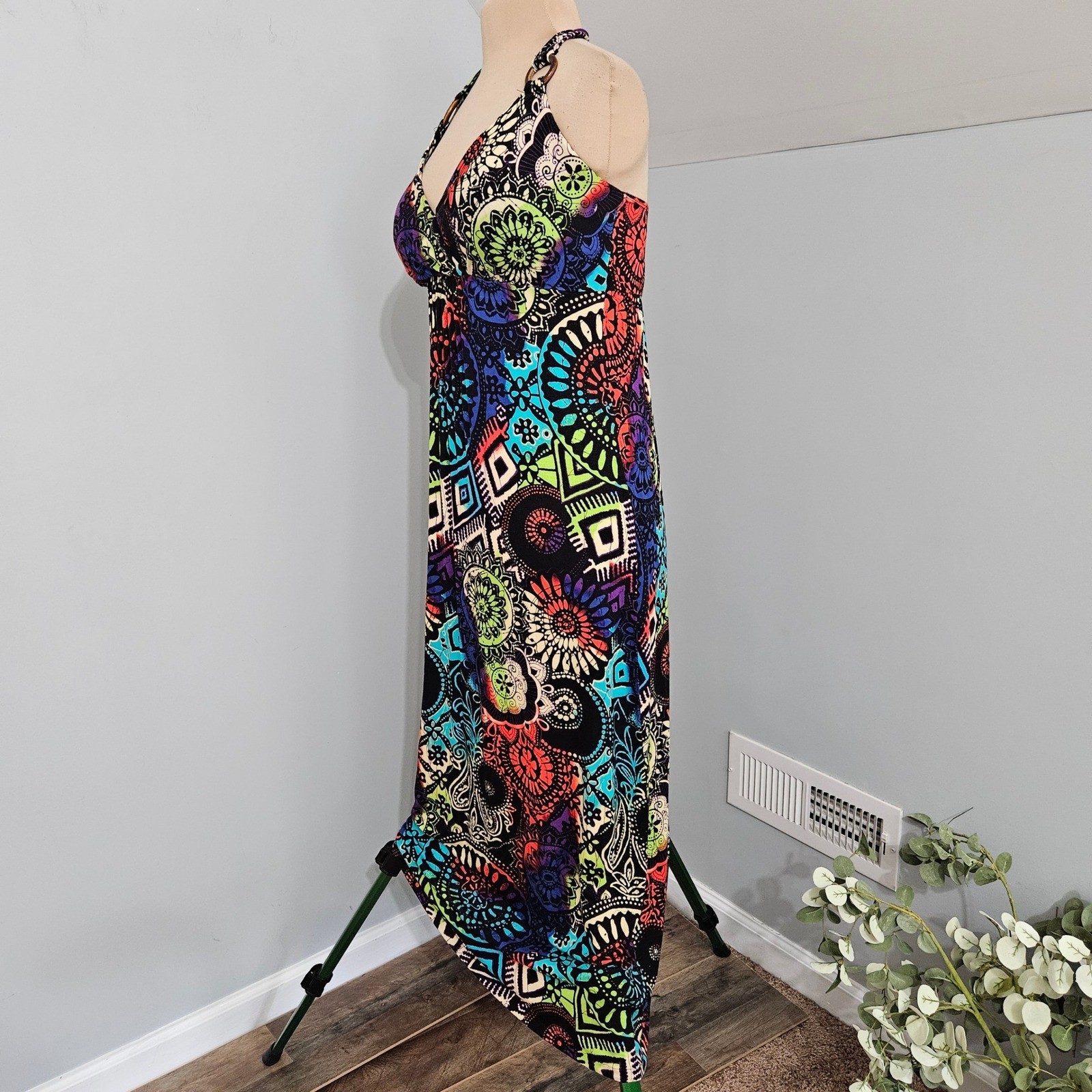Allison Brittney Multicolor Mandala Halter Maxi Dress Wood Ring Detail Boho