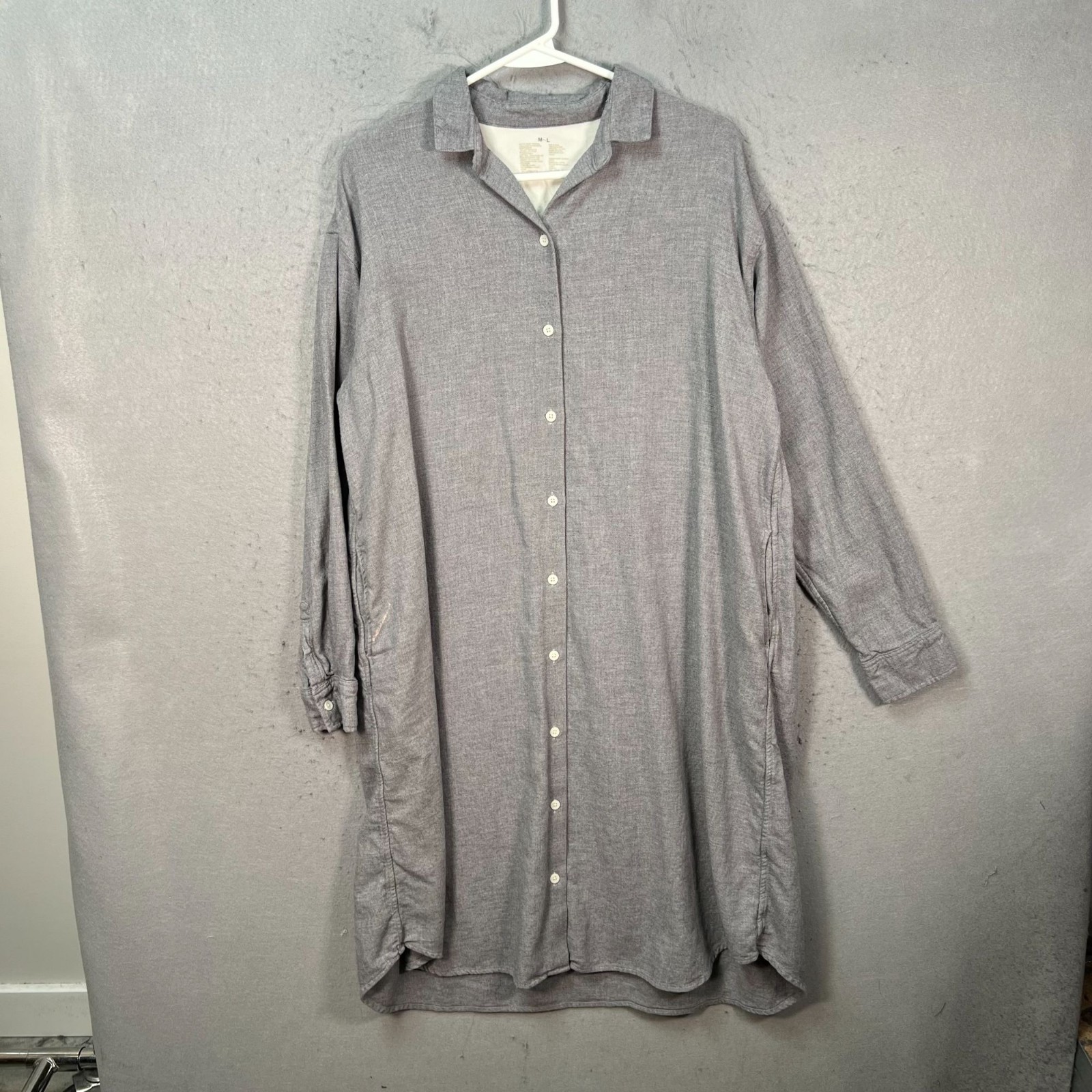 Muji Womens M – L Button-Up Gray Long-Sleeve Shirt Dress 100% Cotton Loose Fit
