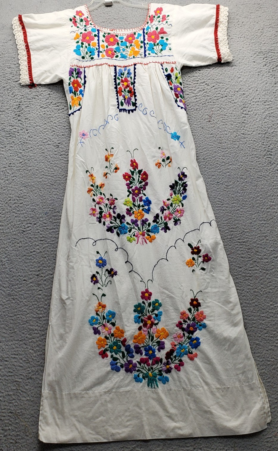 Womens Long Dress Tan Side Slit Embroidered Floral Lace Trim Sleeve Round Neck