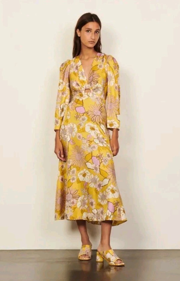 Sandro Giorgia 100% Silk Floral Printed Midi Dress Size 34 UK 6