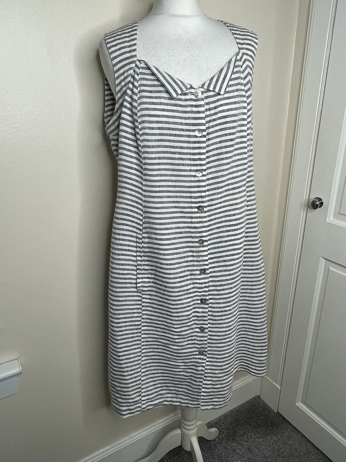 Bitte Kai Rand Grey White Stripe Linen Dress Button Front Pockets Sleeveless VGC