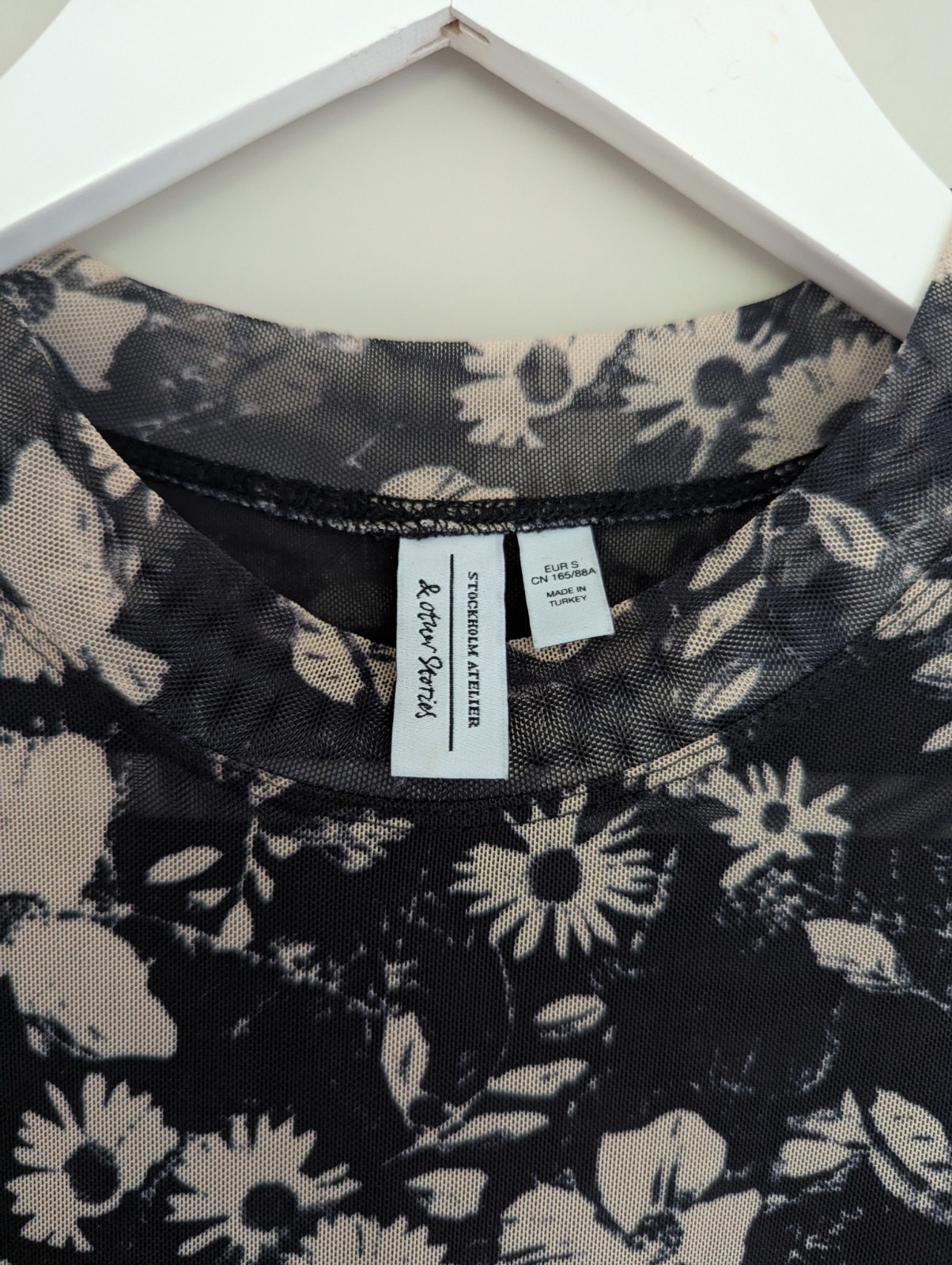 & Other Stories Black Beige Floral Sheer Mesh Long Sleeve Midi Dress Size S 8 10