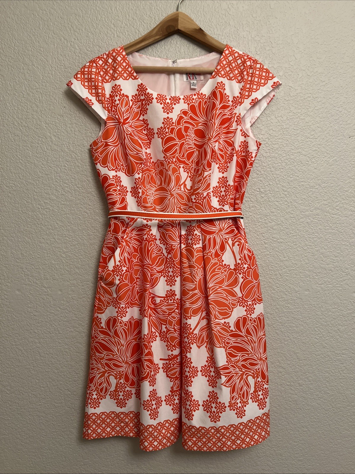 NEW R&K Dress Spring Summer Easter Orange White Floral Knee Length Classic Sz 6