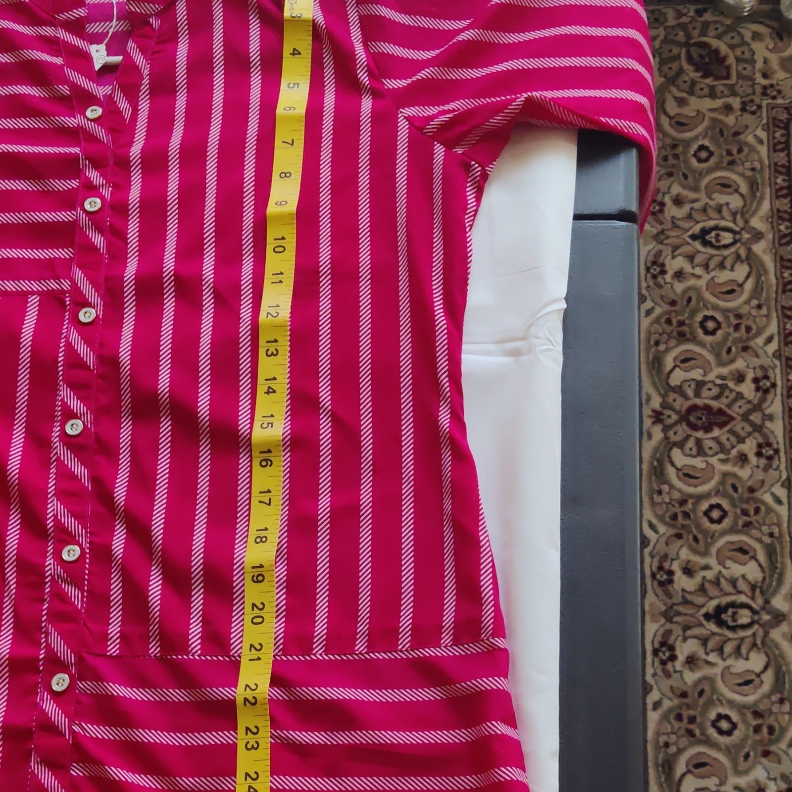 Pink & White Striped Shirt Dress, Button-Front Collared 3/4 Sleeve S