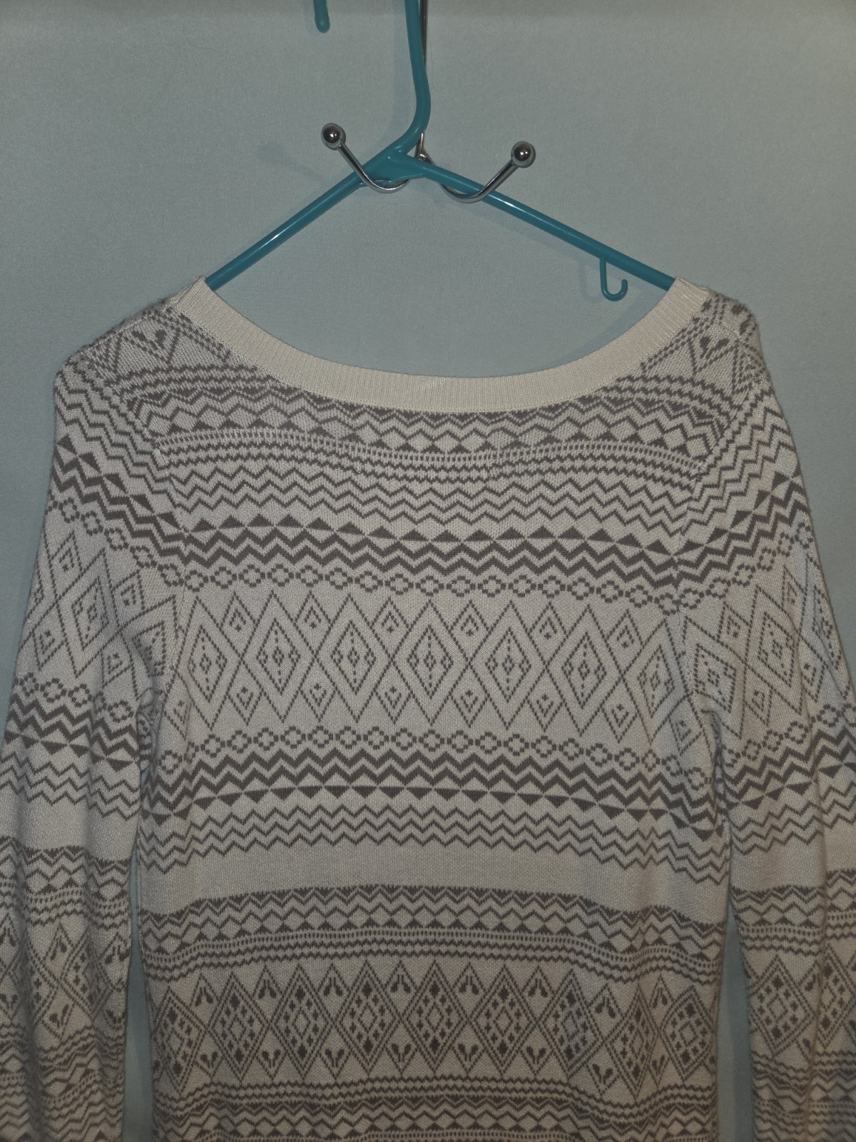 Aventura Beige Patterned Long Sleeve Scoop Neck Knee Length Sweater Dress Size M