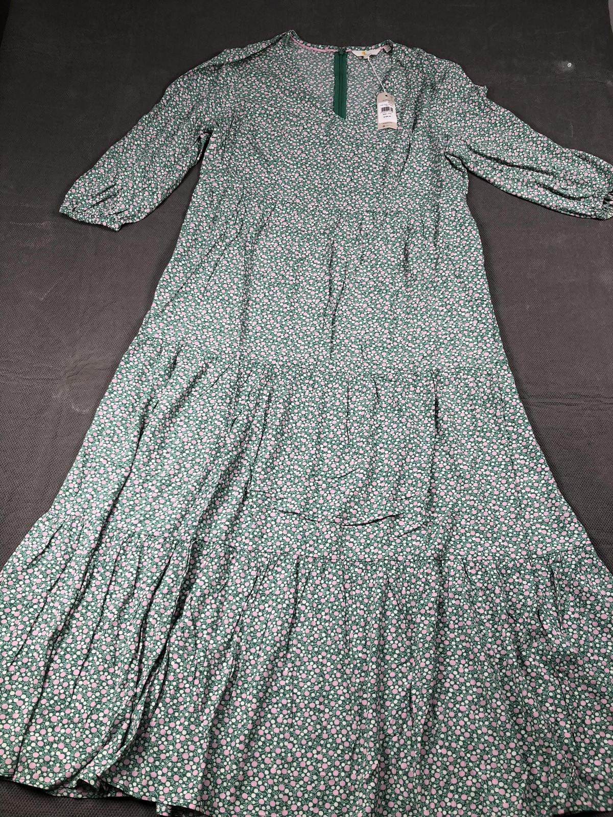 Boden Dress Womens 14 Green Meadow Spot V Neck 3/4 Puff Sleeve Maxi NWT