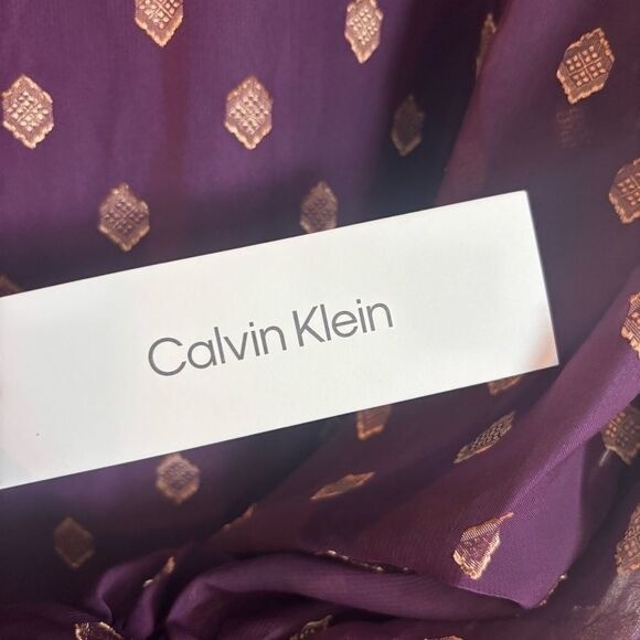 Calvin Klein Tie Cuff Long Sheer Balloon Sleeve Mini Dress Purple Gold Sz 6 NEW