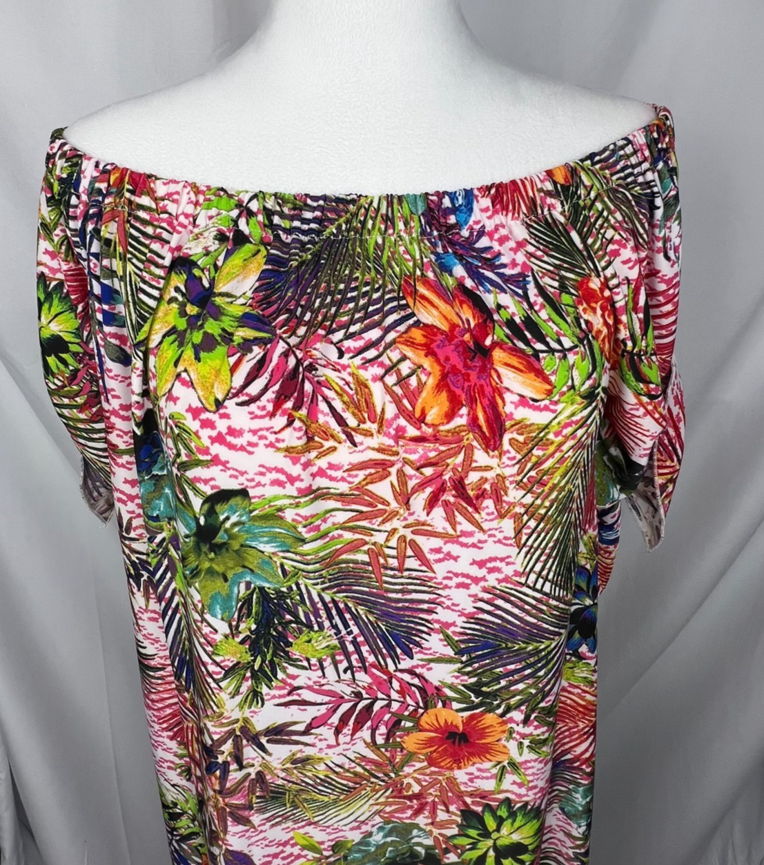 TACERA Off Shoulder Dress Womens Small Multicolor Tropical Floral Print Stretch