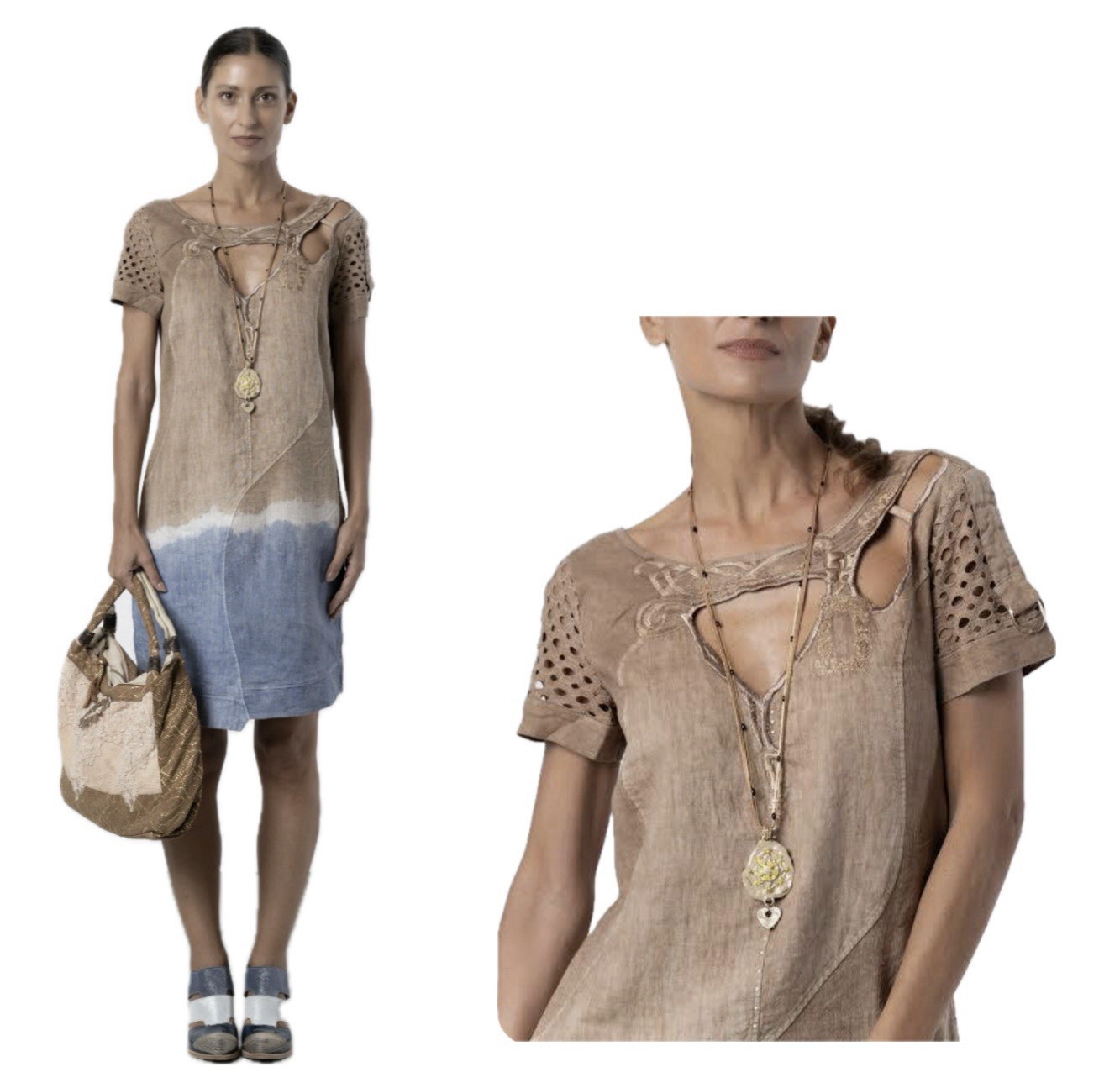ELISA CAVALETTI Dress L Linen Tie Dye Ombre Cutout Embroidered Boho Italy Artsy