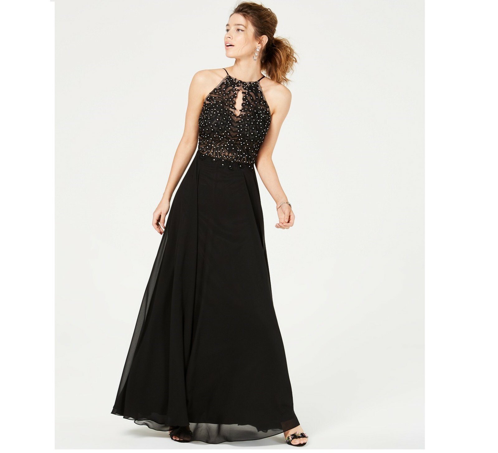 Blondie Nites Junior Womens 3 Black Rhinestone Mesh Halter Keyhole Gown NWT