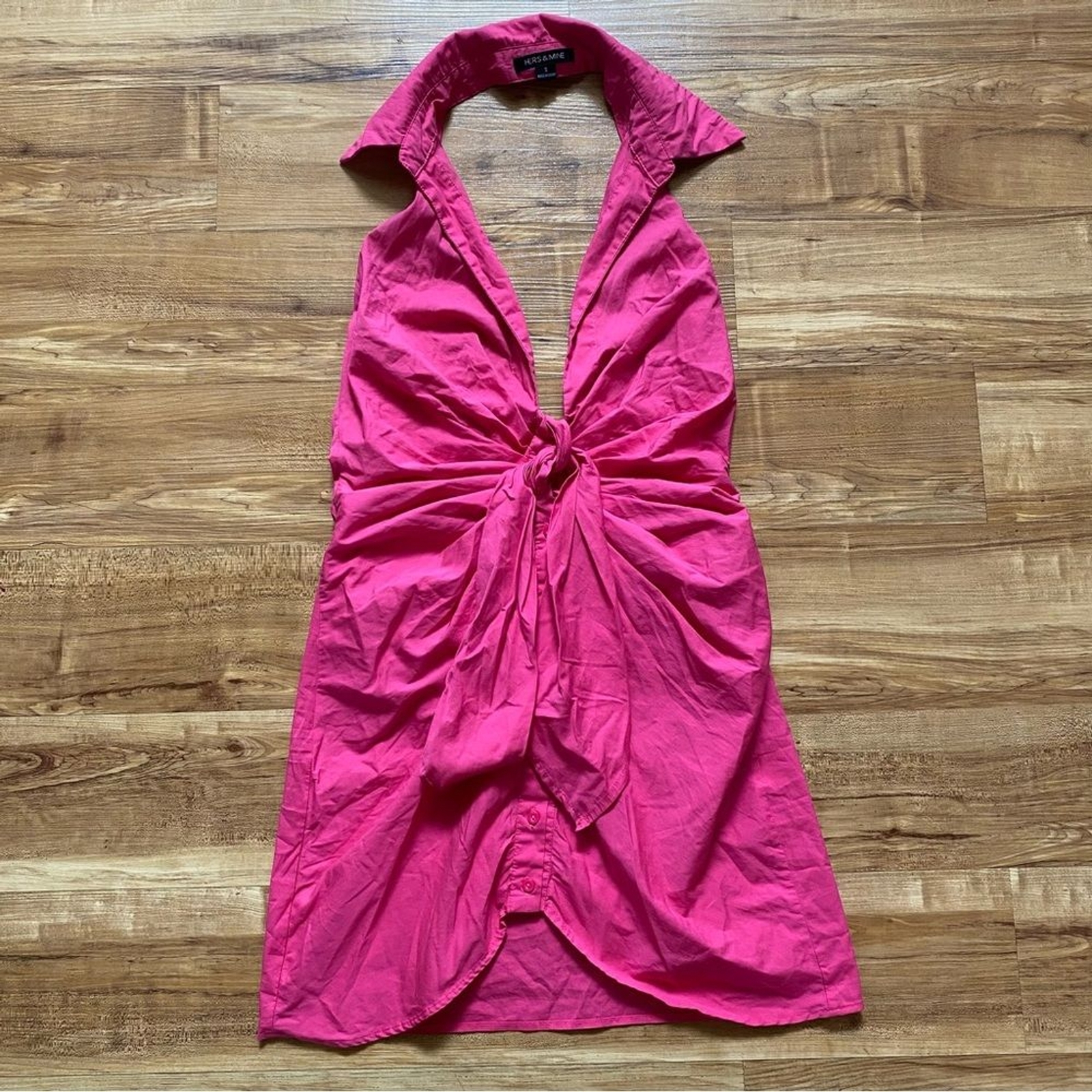 HERS & MINE S Hot Pink Halter Tie Front Mini Dress Romantic Coquette Barbiecore