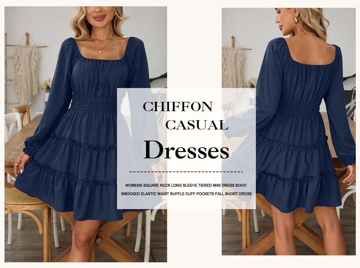 Chicovar Women’s Navy Blue Square Neck Boho Mini Dress Long Sleeve Size L