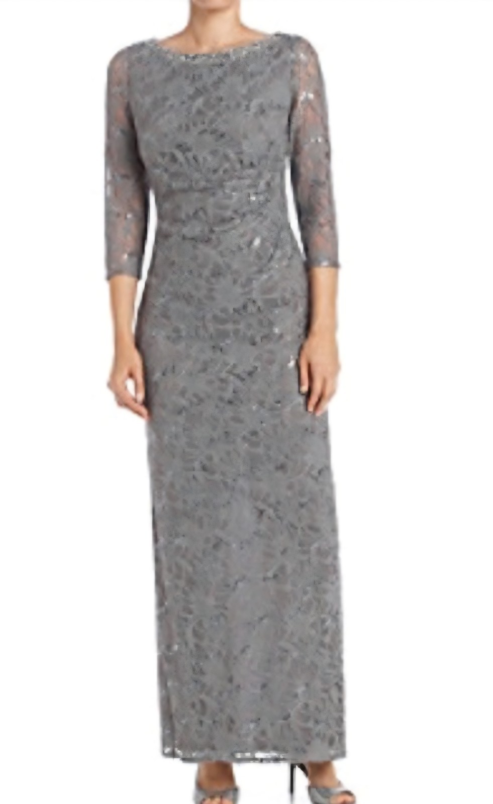 Jessica Howard Gray Lace Sequence Midi Dress Size 12 3/4 Sleeve Beaded Neck…