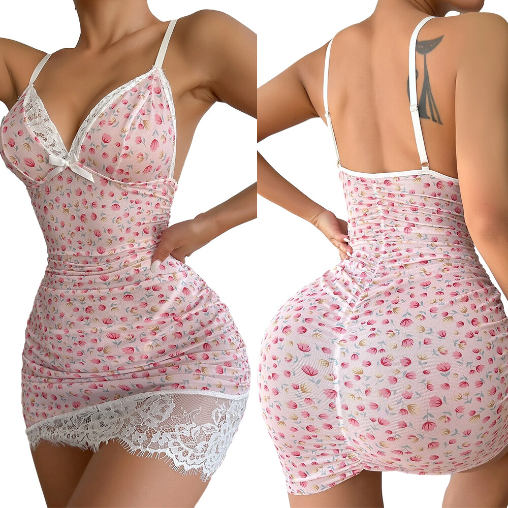 Pink Women Lingerie Babydoll Lace Nightgown Mesh Boudoir Nighty Teddy Lingerie