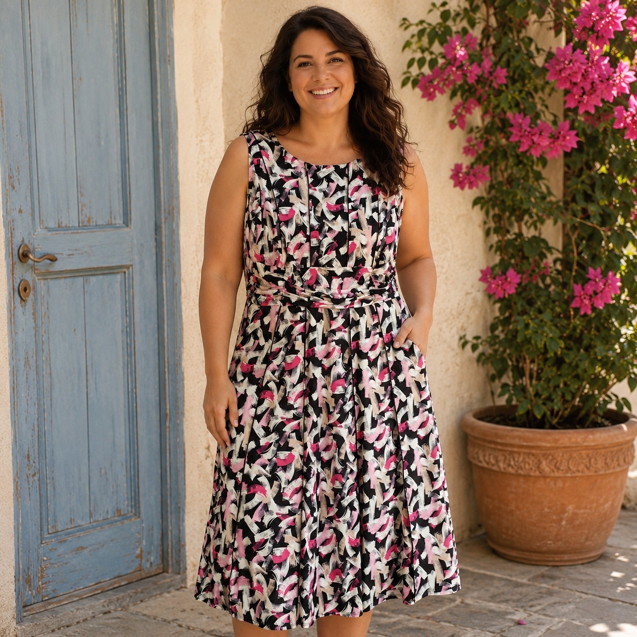 Perceptions New York Dress Womens XL Black Pink Abstract Brushstroke Sleeveless