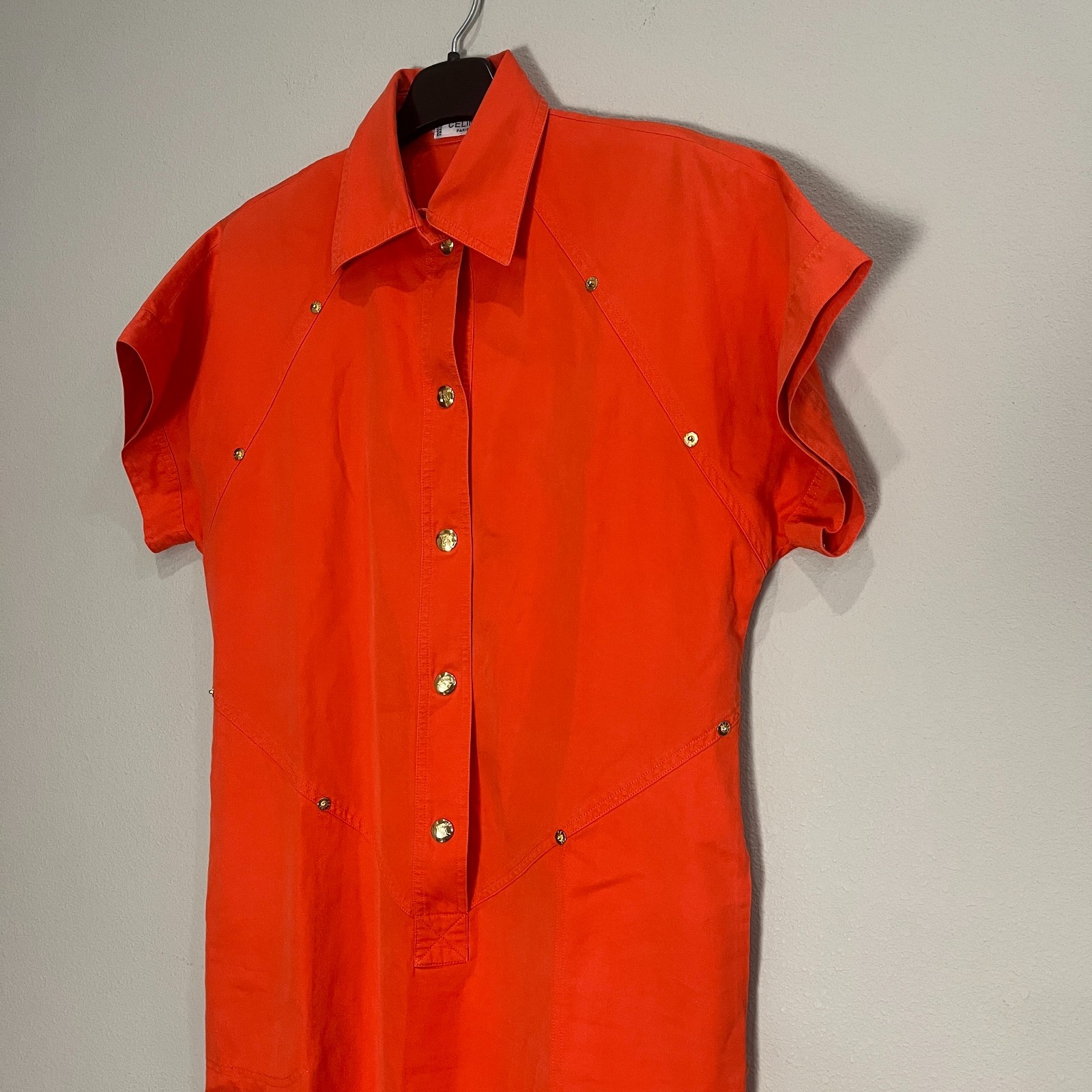 CELINE Vintage Orange Snap Button Shirt Dress womens 40 US 8