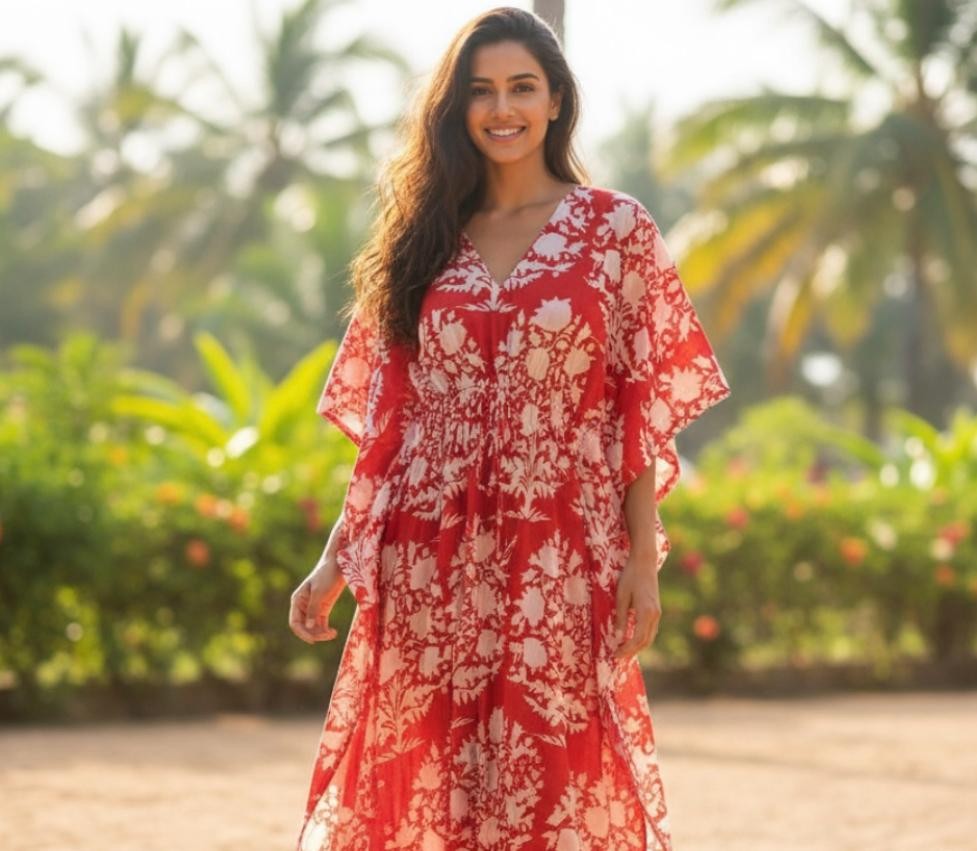 Anokhi Hand Block Indian Cotton Kaftan Long Caftan Beach Wear Night Maxi Gown