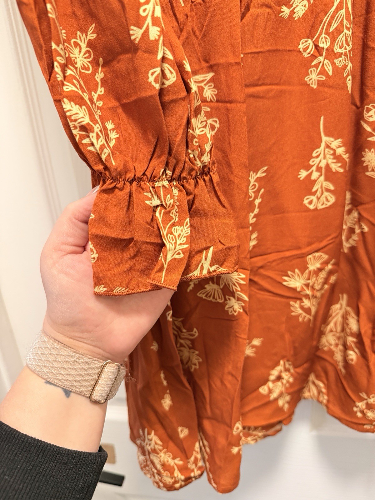 CUPSHE Small Rust Floral Smocked Mini Dress NWT Long Sleeve Boho Cottagecore