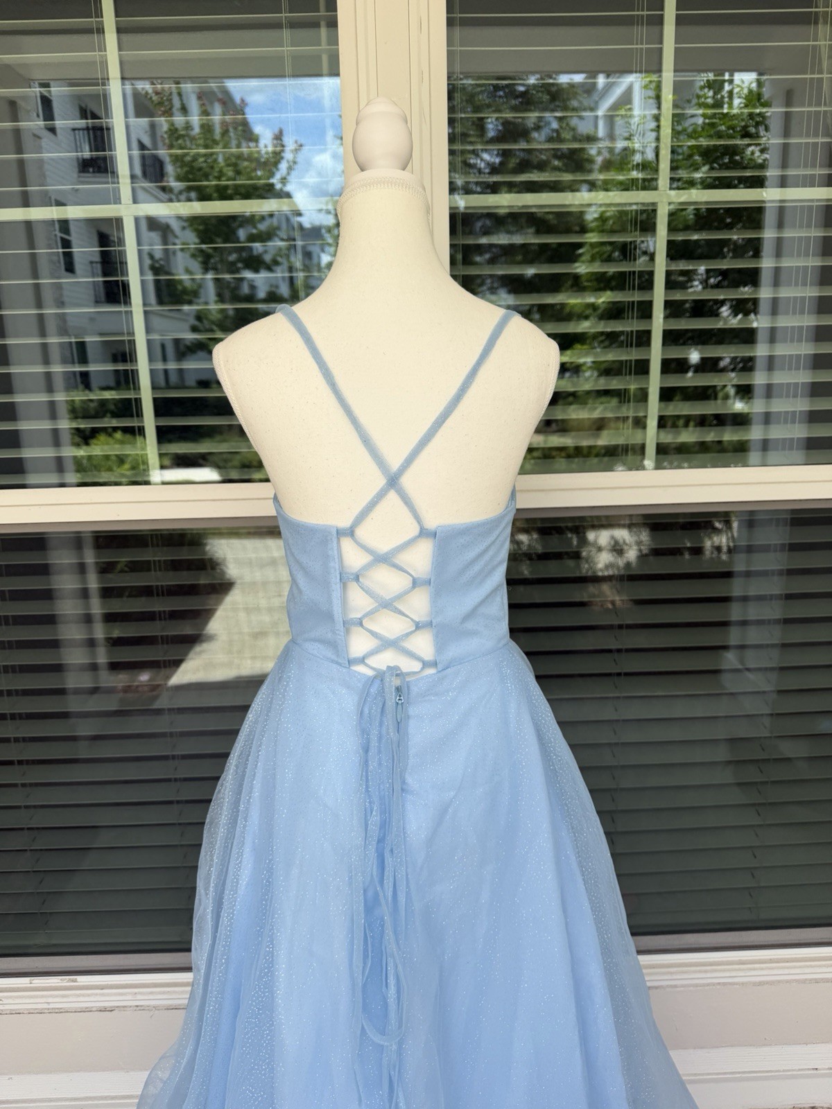 Blue Solid Glitter Tulle Long Formal A-Line Dress Corset Lace-Up Back M