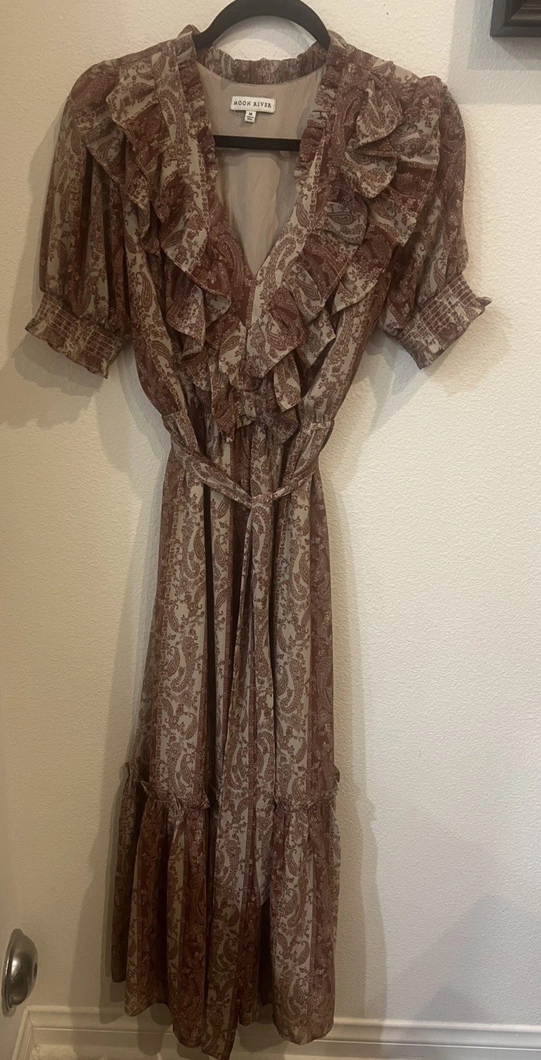 Moon River Anthropologie Cottage Core Peasant Maxi Dress Paisley Stripe Size M
