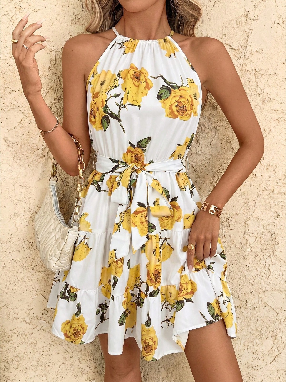 Bohemian Ruffle Hem Halter Neck Mini Dress