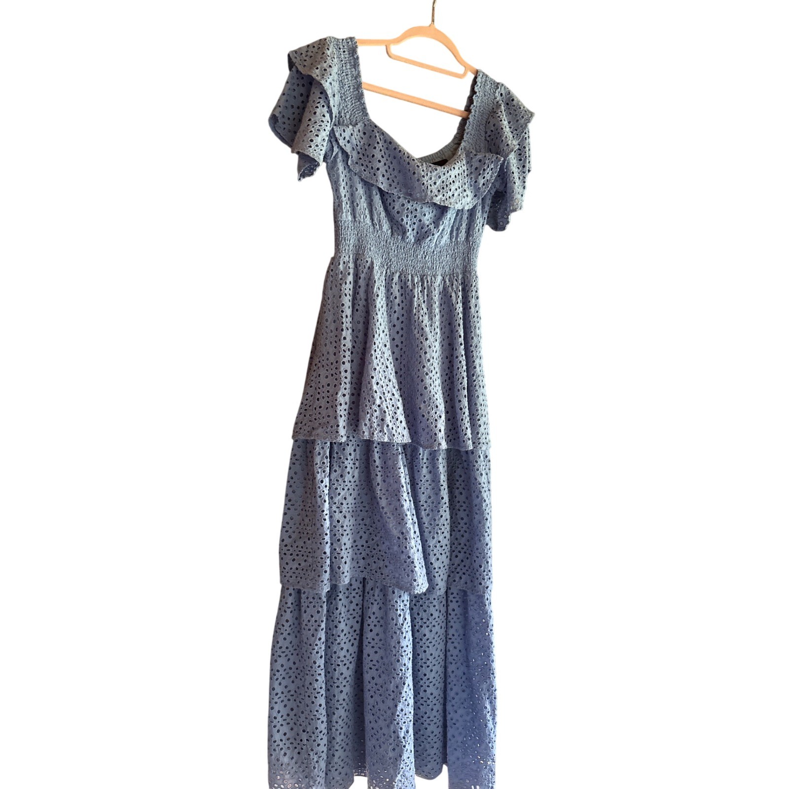Kendall & Kylie Blue Eyelet Lace Maxi Dress Tiered Smocked Ruffle Flutter Sleeve