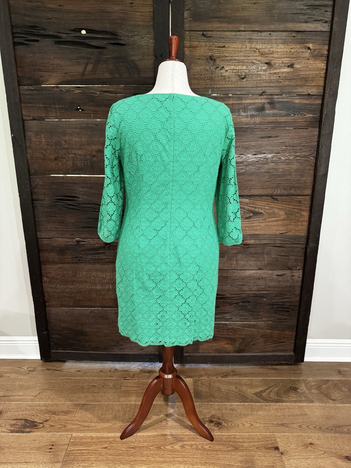 Talbots Women’s Green Solid Lace Shift Knee Dress Scoop Neck 3/4 Sleeve 14